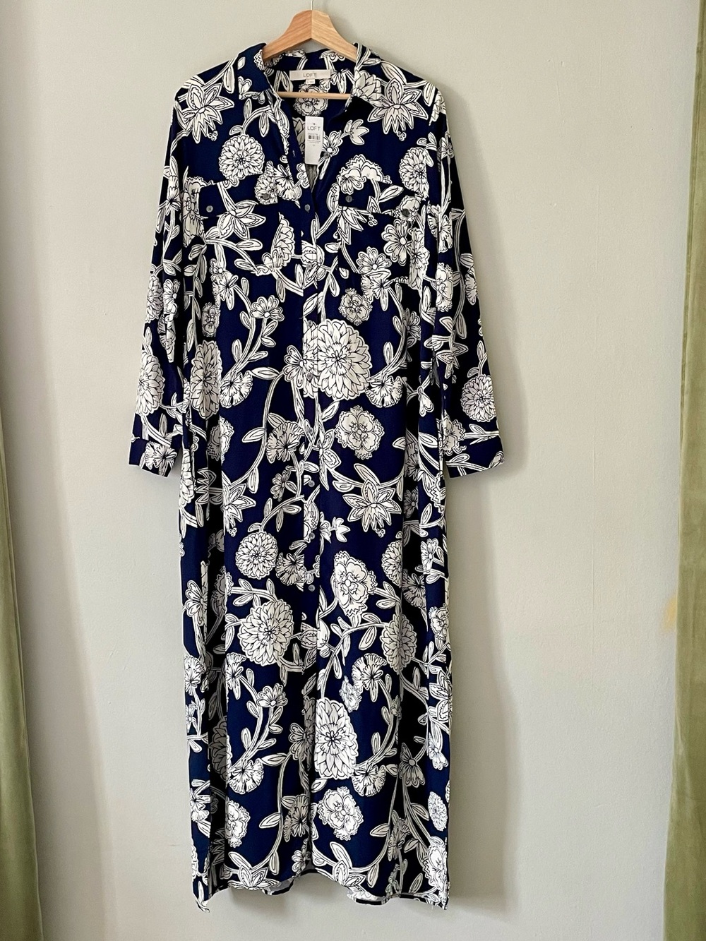 LOFT Navy and White Floral Long Sleeve Maxi Shirt Dress NWT